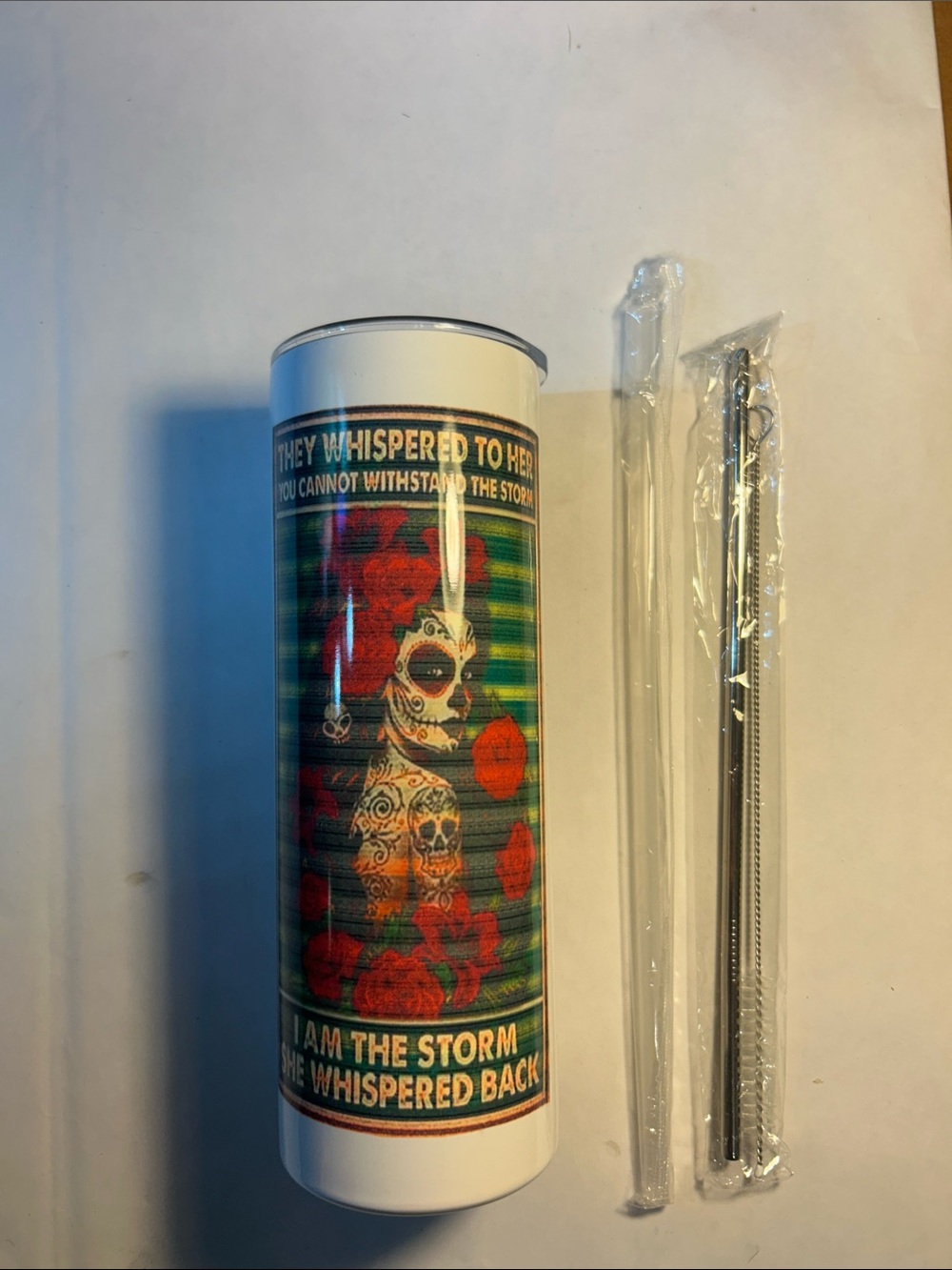 Day of the Dead Girl w/ Skulls and Flowers Ceramic Tumbler with Straw & Cleaner